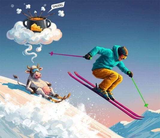 French Alps vs Swiss Alps: Which Skiing Is Better? An illustration of a skier and a cow on a snowy slope.