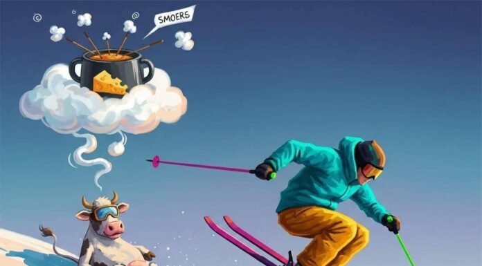 French Alps vs Swiss Alps: Which Skiing Is Better? An illustration of a skier and a cow on a snowy slope.