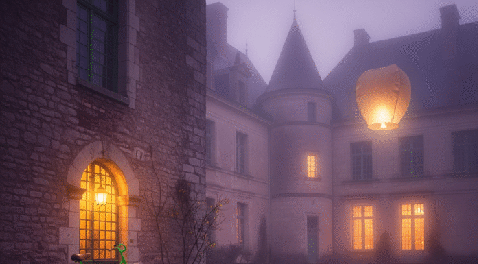 Hidden Loire Castles You Can Stay Overnight In Misty castle, glowing windows, bicycle, flower, lantern.