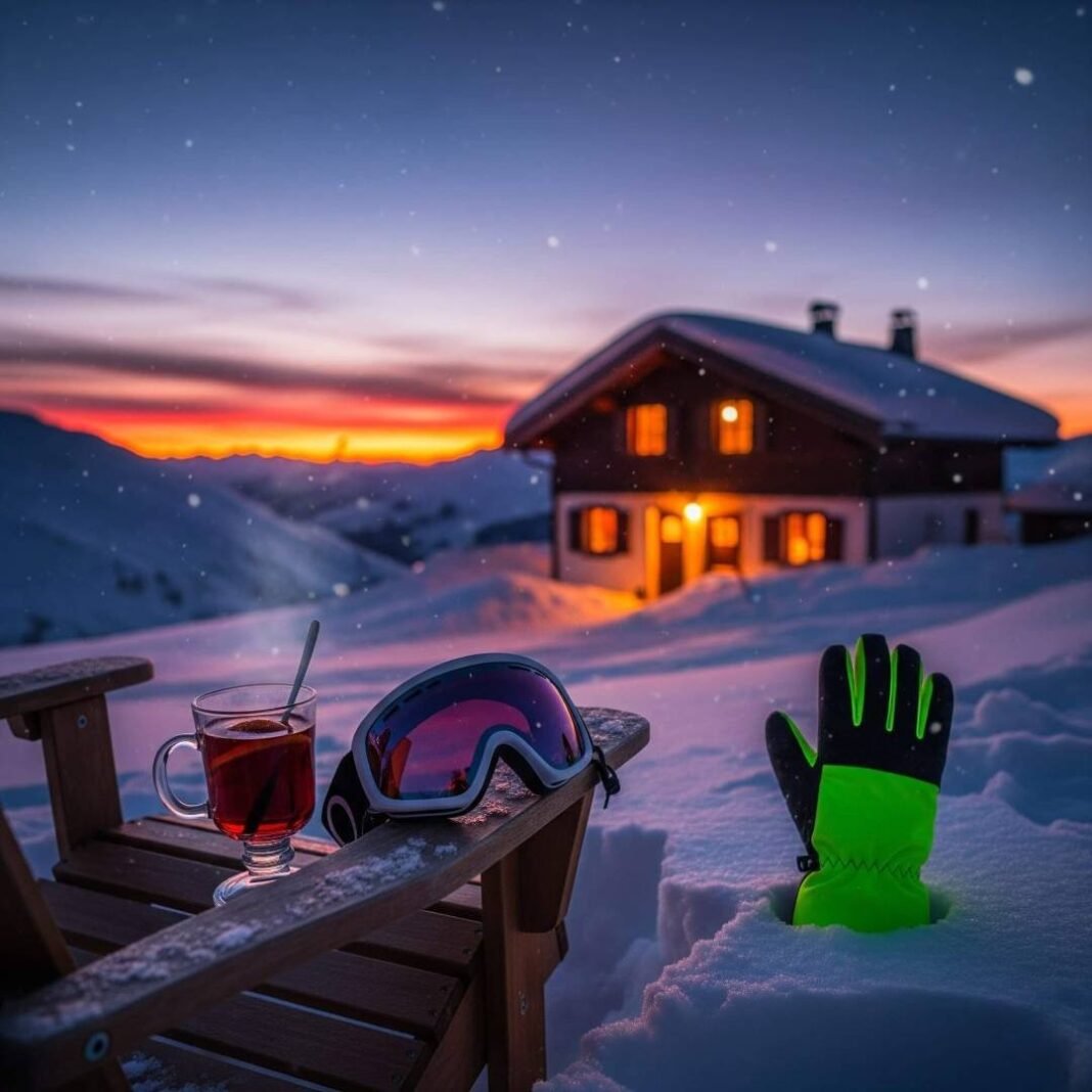 Snowy chalet at dusk with mulled wine, ski goggles, and a neon-green mitten.