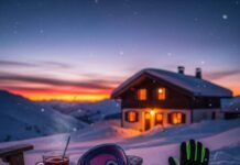 Luxury Skiing Alps: Top Chalets & Après-Ski Spots Snowy chalet at dusk with mulled wine, ski goggles, and a neon-green mitten.