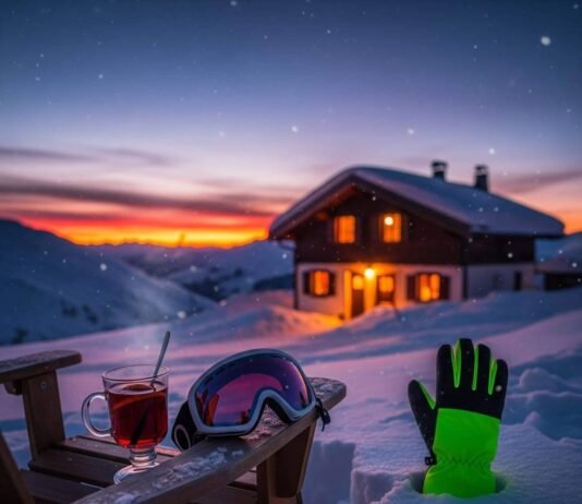 Luxury Skiing Alps: Top Chalets & Après-Ski Spots Snowy chalet at dusk with mulled wine, ski goggles, and a neon-green mitten.