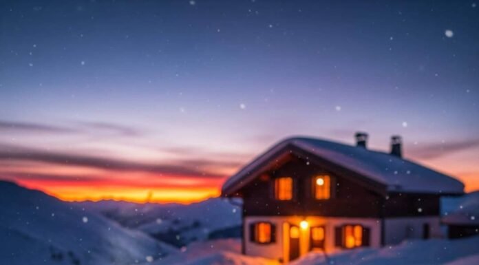 Luxury Skiing Alps: Top Chalets & Après-Ski Spots Snowy chalet at dusk with mulled wine, ski goggles, and a neon-green mitten.