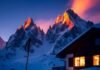 How to Plan the Perfect Skiing Alps Vacation? Cozy chalet, Alpine peaks, ski pole, flip-flop, steaming cocoa, vibrant colors.