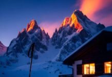 How to Plan the Perfect Skiing Alps Vacation? Cozy chalet, Alpine peaks, ski pole, flip-flop, steaming cocoa, vibrant colors.