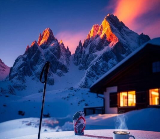 How to Plan the Perfect Skiing Alps Vacation? Cozy chalet, Alpine peaks, ski pole, flip-flop, steaming cocoa, vibrant colors.