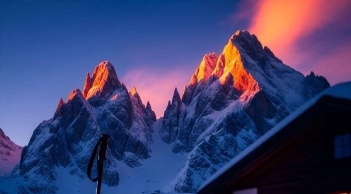 How to Plan the Perfect Skiing Alps Vacation? Cozy chalet, Alpine peaks, ski pole, flip-flop, steaming cocoa, vibrant colors.