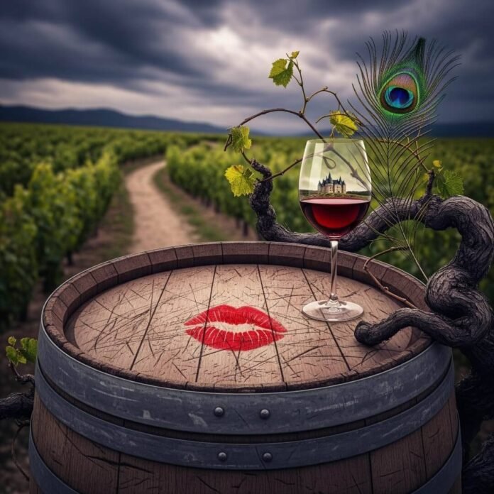 A wine glass and lipstick mark on a barrel.