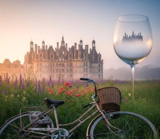 Loire Castles Guide: How to See Them All in 3 Days Chambord castle at dawn, bicycle, wildflowers, giant wine glass.