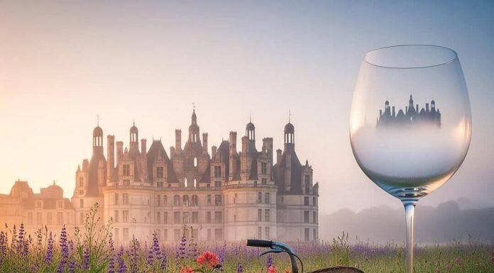 Loire Castles Guide: How to See Them All in 3 Days Chambord castle at dawn, bicycle, wildflowers, giant wine glass.