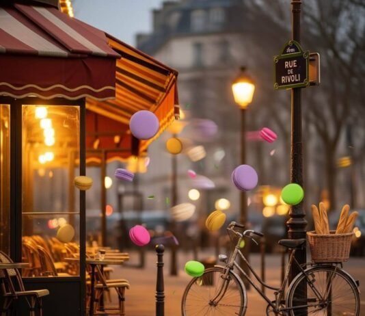 Safe Paris Areas Every Tourist Should Stay In Parisian street at dusk with macarons floating.