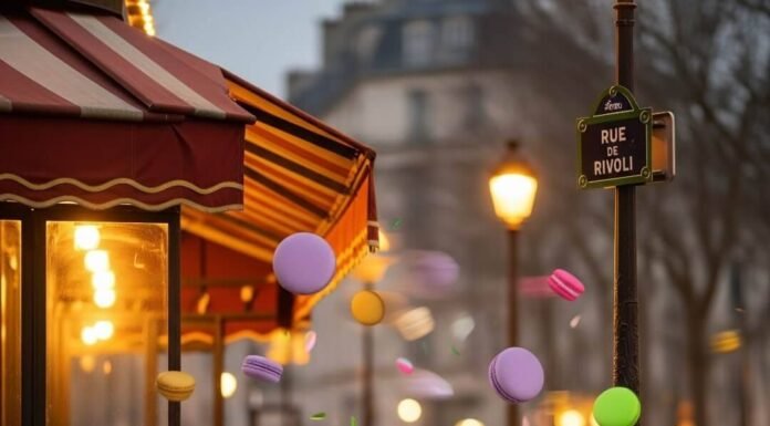 Safe Paris Areas Every Tourist Should Stay In Parisian street at dusk with macarons floating.