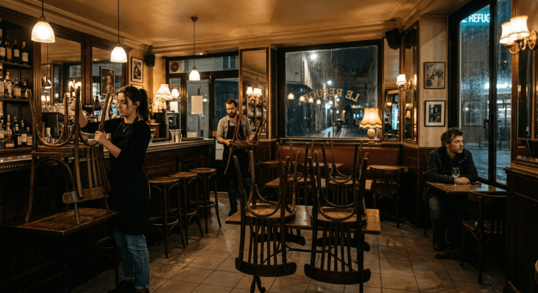 A cinematic, warm-lit Paris bar with staff stacking chairs.