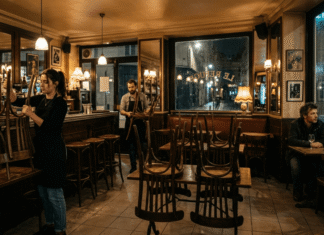 France Nightlife Is Changing Fast — What Travelers Need to Know Before Going Out A cinematic, warm-lit Paris bar with staff stacking chairs.