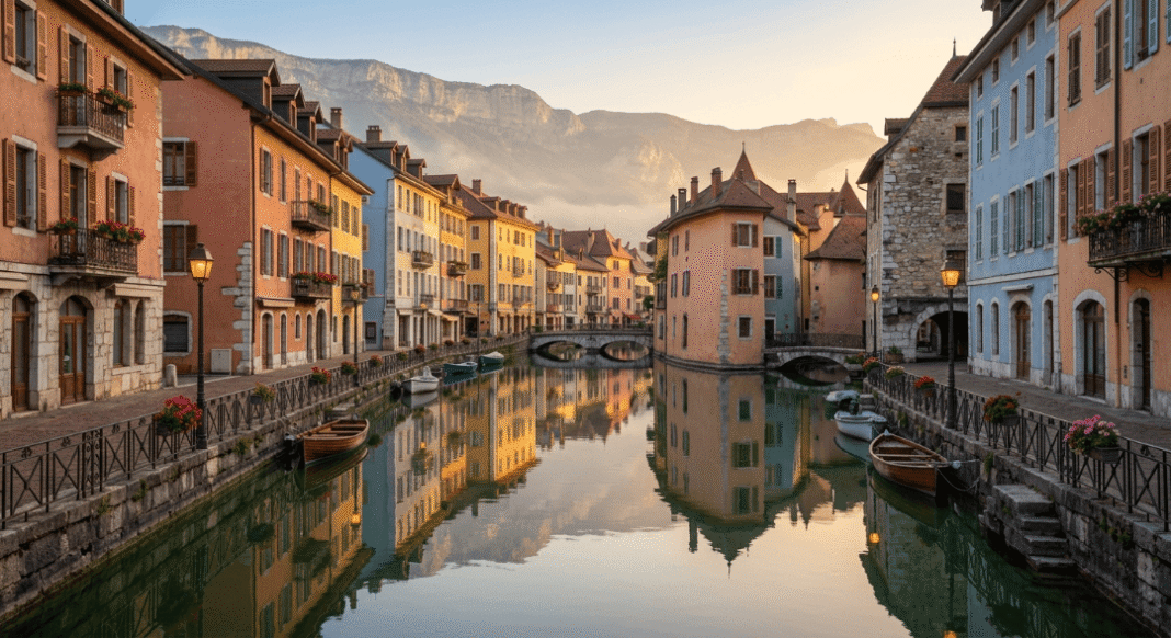 Charming canal view of Annecy, France at sunrise with mountains.