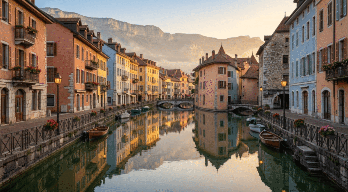 Travelers Are Skipping Paris Crowds — These French Places Are Taking Over Charming canal view of Annecy, France at sunrise with mountains.