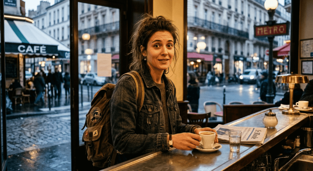 A woman traveler with a backpack and coffee in a Paris cafe.