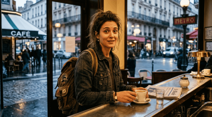 France Feels Expensive Now — But You’re Probably Spending Wrong A woman traveler with a backpack and coffee in a Paris cafe.
