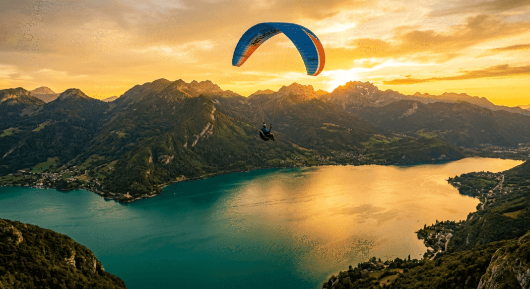 A person paragliding over a mountain lake during sunset.