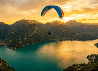 The French Alps in Summer: The Secret Everyone’s Finally Catching On To A person paragliding over a mountain lake during sunset.