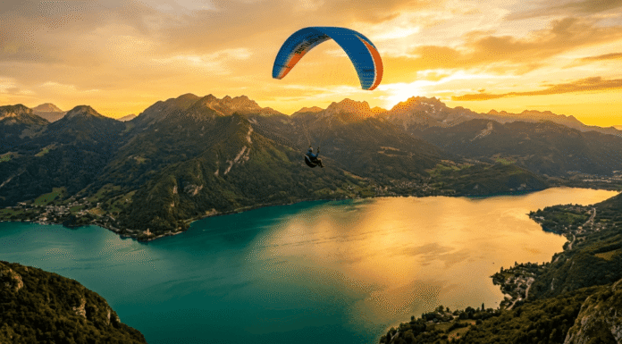 The French Alps in Summer: The Secret Everyone’s Finally Catching On To A person paragliding over a mountain lake during sunset.