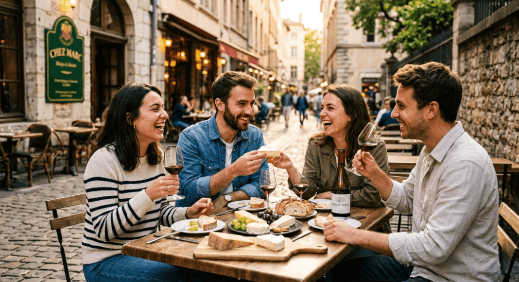 Four friends laughing, drinking wine and eating cheese outdoors.