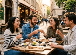 French food tours are becoming the reason people visit France. Four friends laughing, drinking wine and eating cheese outdoors.