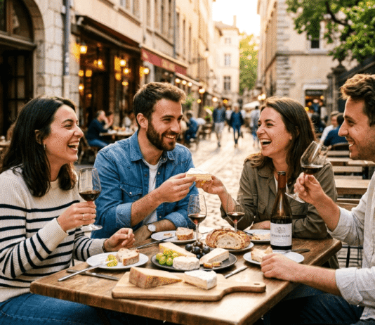French food tours are becoming the reason people visit France. Four friends laughing, drinking wine and eating cheese outdoors.