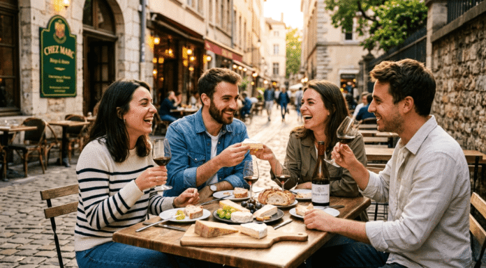 French food tours are becoming the reason people visit France. Four friends laughing, drinking wine and eating cheese outdoors.